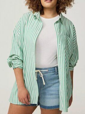 NEW NWT TORRID 1 Drop Shoulder Button Up Shirt Green White Stripe Cotton Relaxed
